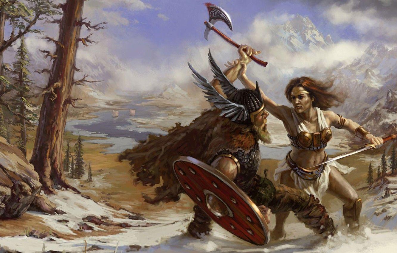 1332x850 Wallpaper nature, rage, helmet, battle, axe, shield, Viking, girl warrior image for desktop, section живопись