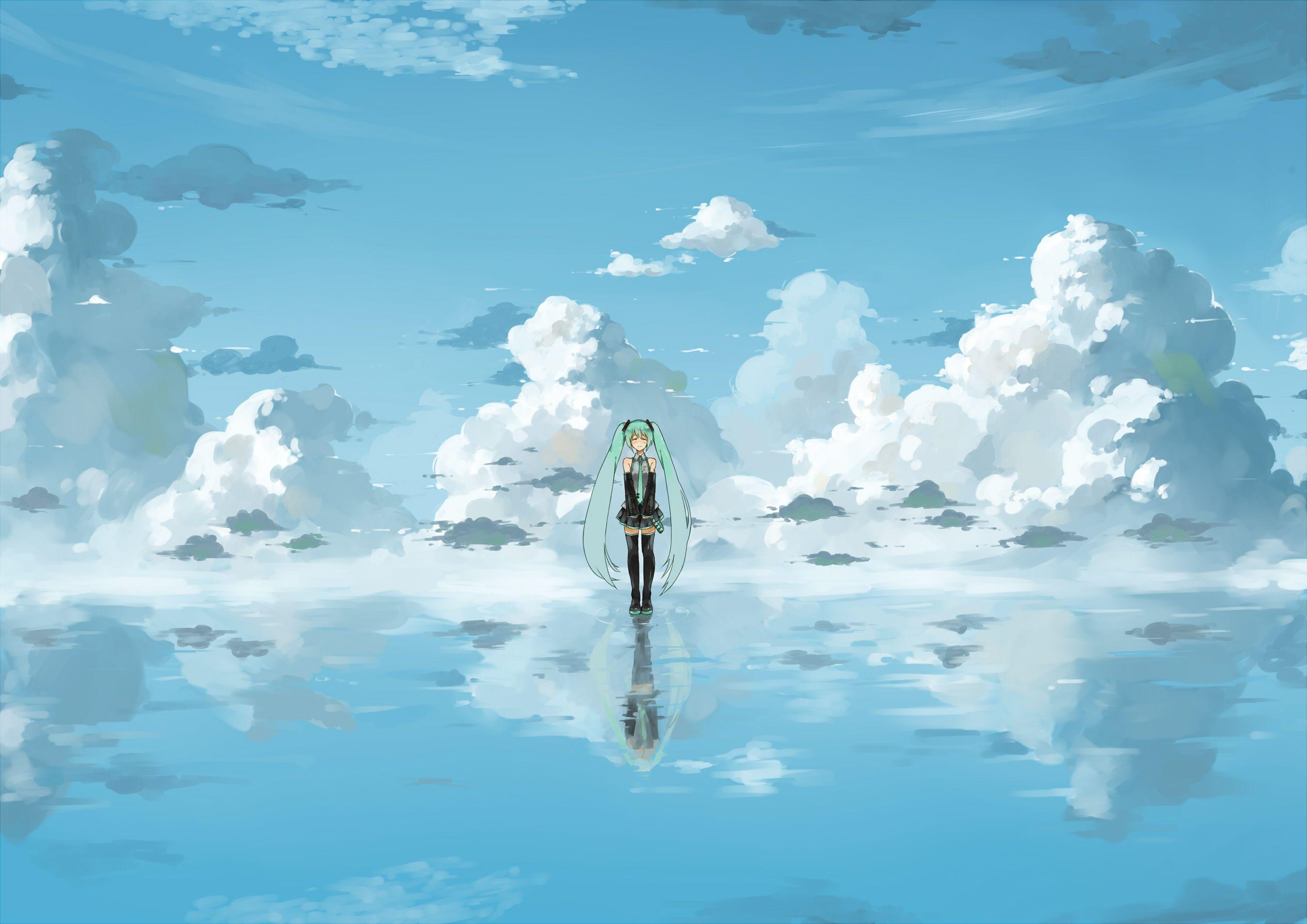 2696x1907 Clouds hatsune miku popoccpo sky vocaloid water wallpaperx1907