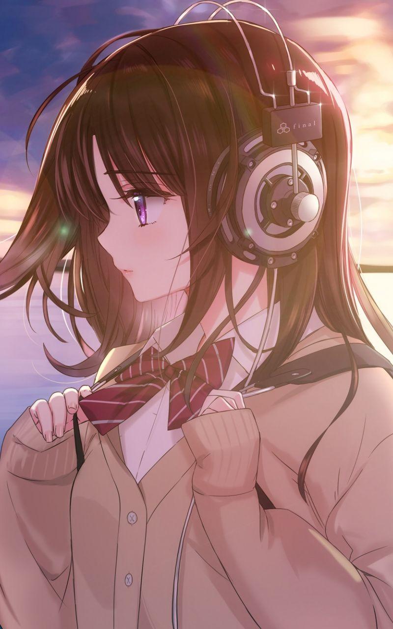 800x1280 Download Anime Girl, Original, Headphone, Sunset, Outdoor, Art Wallpaper, 800x Samsung Galaxy Note GT N Meizu MX 2