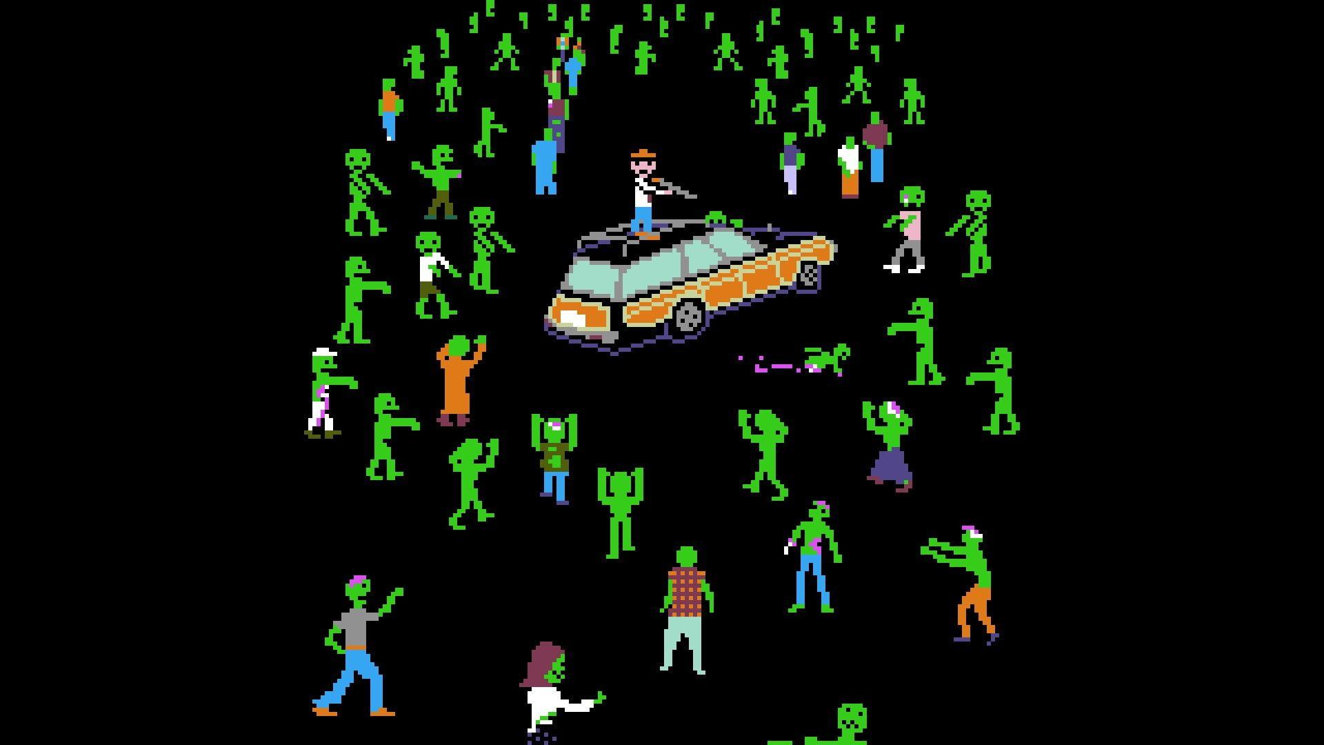 1920x1080 men, Killer, Black Background, Digital Art, Minimalism, Organ Trail, Zombies, Video Games, Retro Games, Pixels, Gun, Car, Green Wallpaper HD / Desktop and Mobile Background