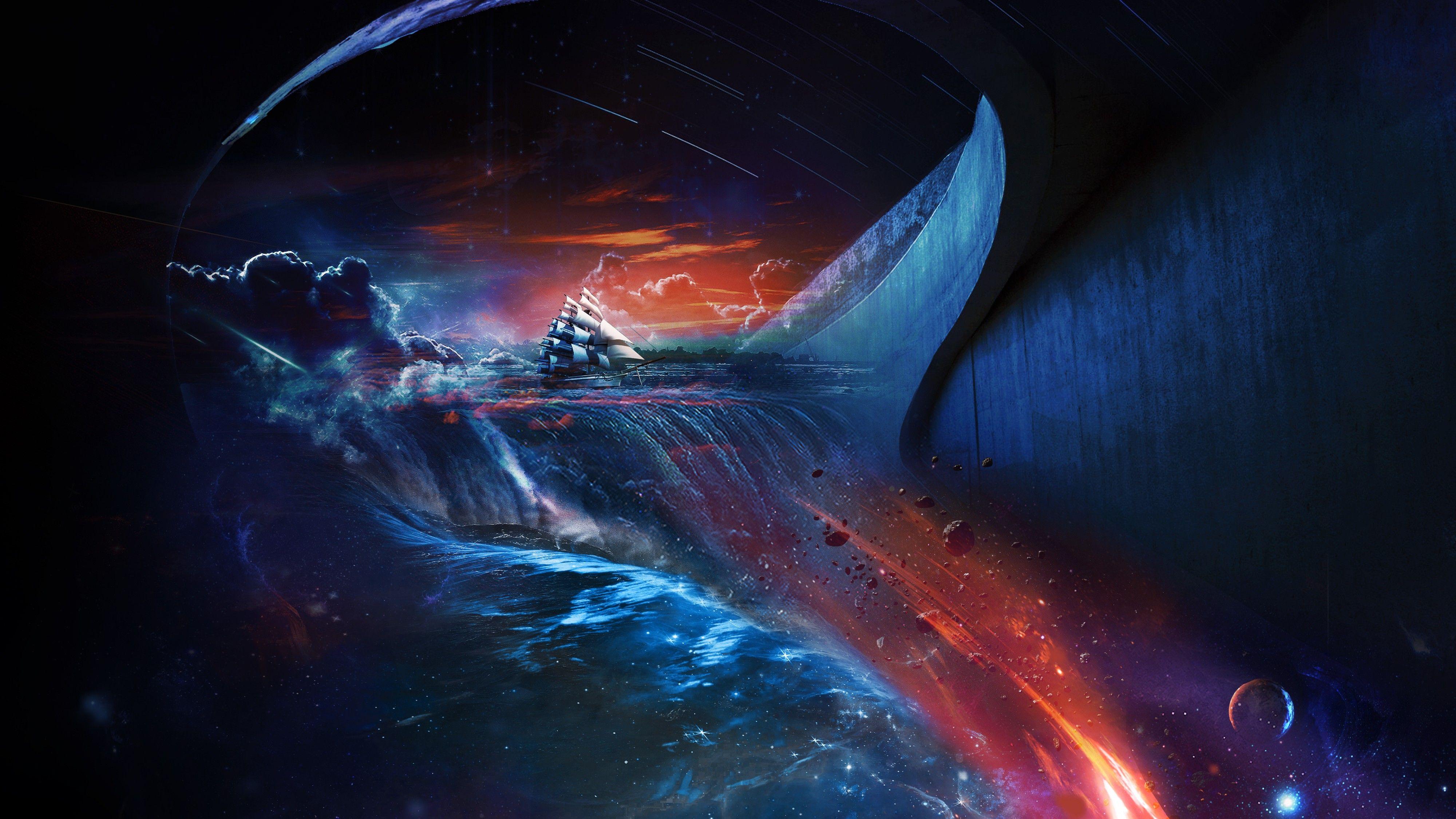 4000x2250 #ship, #red, #blue, #waterfall, #space, #f Fantasy art, hình nền.  Hình nền HD