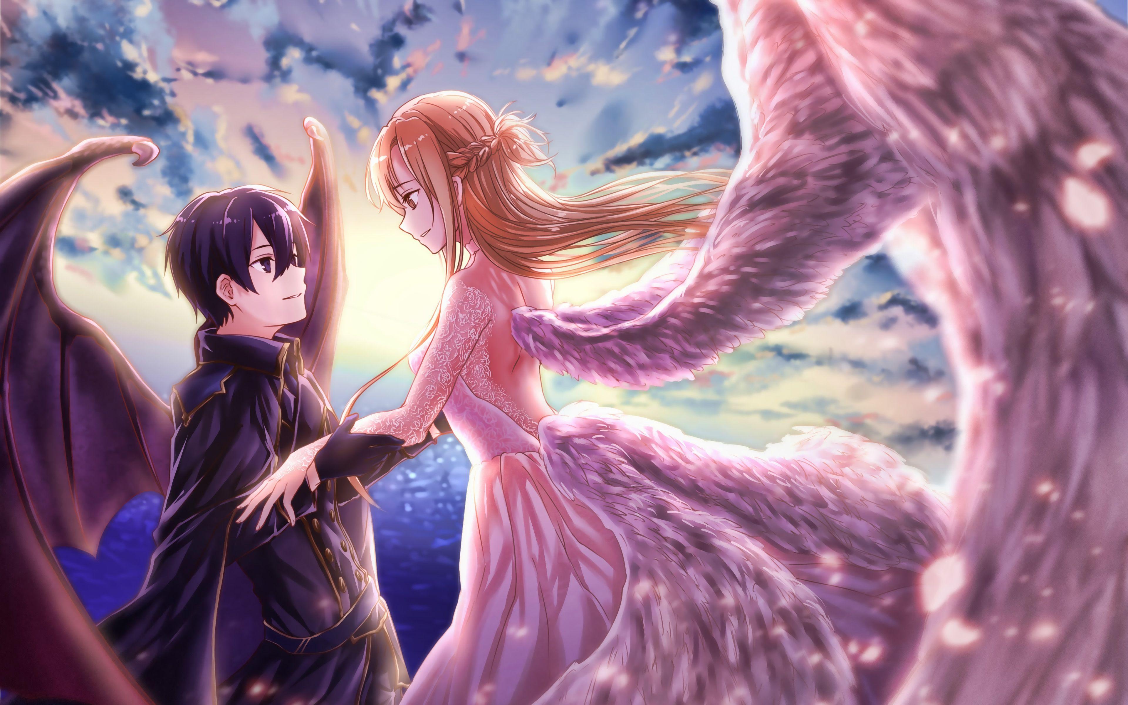 3840x2400 Download wallpaper Kirito and Asuna, 4k, Kazuto Kirigaya, Yuuki Asuna, manga, artwork, Sword Art Online, Kirito, Asuna for desktop with resolution 3840x2400. High Quality HD picture wallpaper