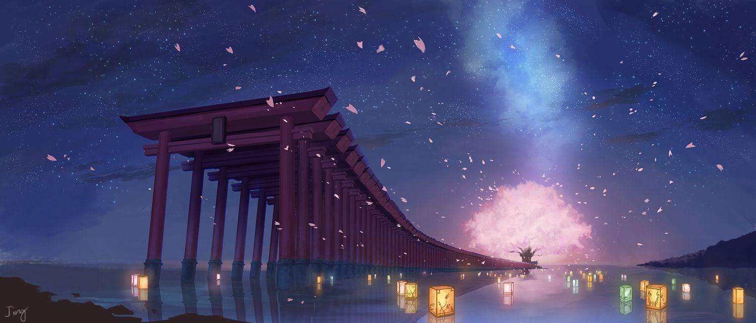 1500x642 Cherry Blossom Night Anime Wallpaper .tachiwallpaper.