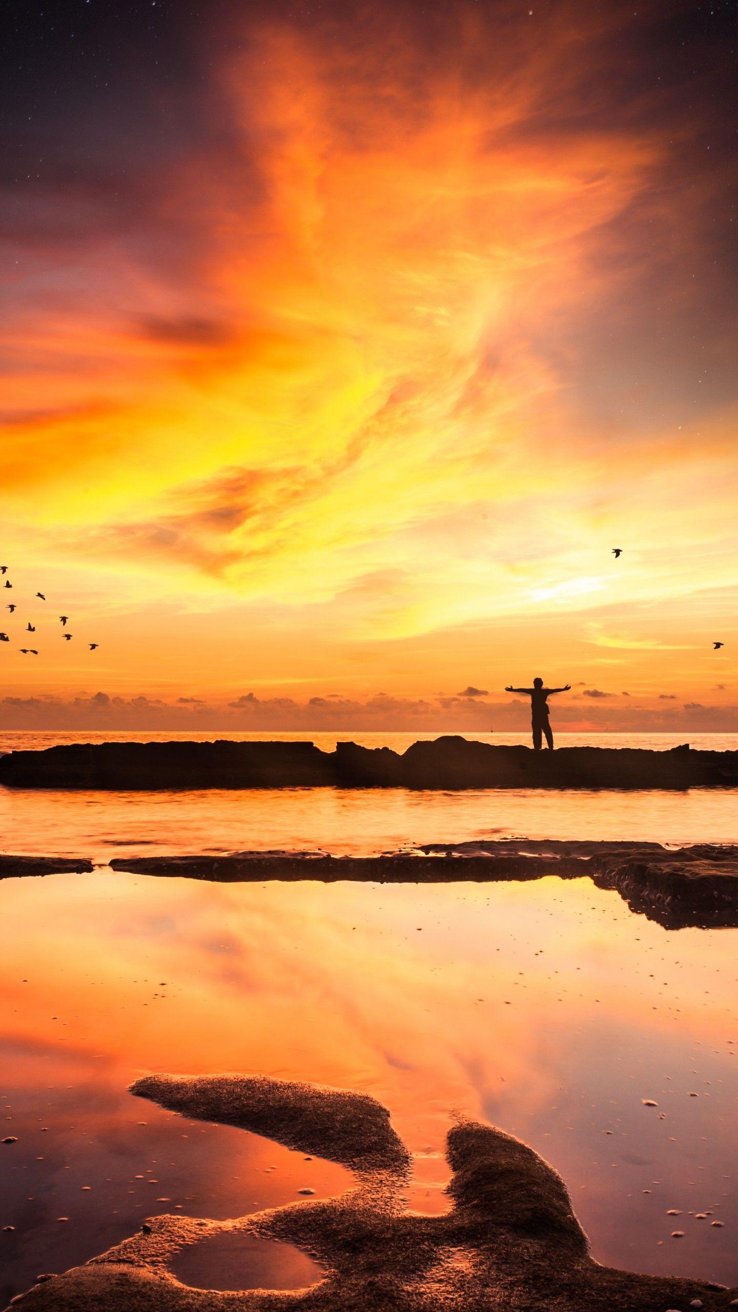 1440x2560 Wallpaper Sunset, Reflections, Orange, Beach, Dawn, 4K, Nature,. Wallpaper for iPhone, Android, Mobile and Desktop