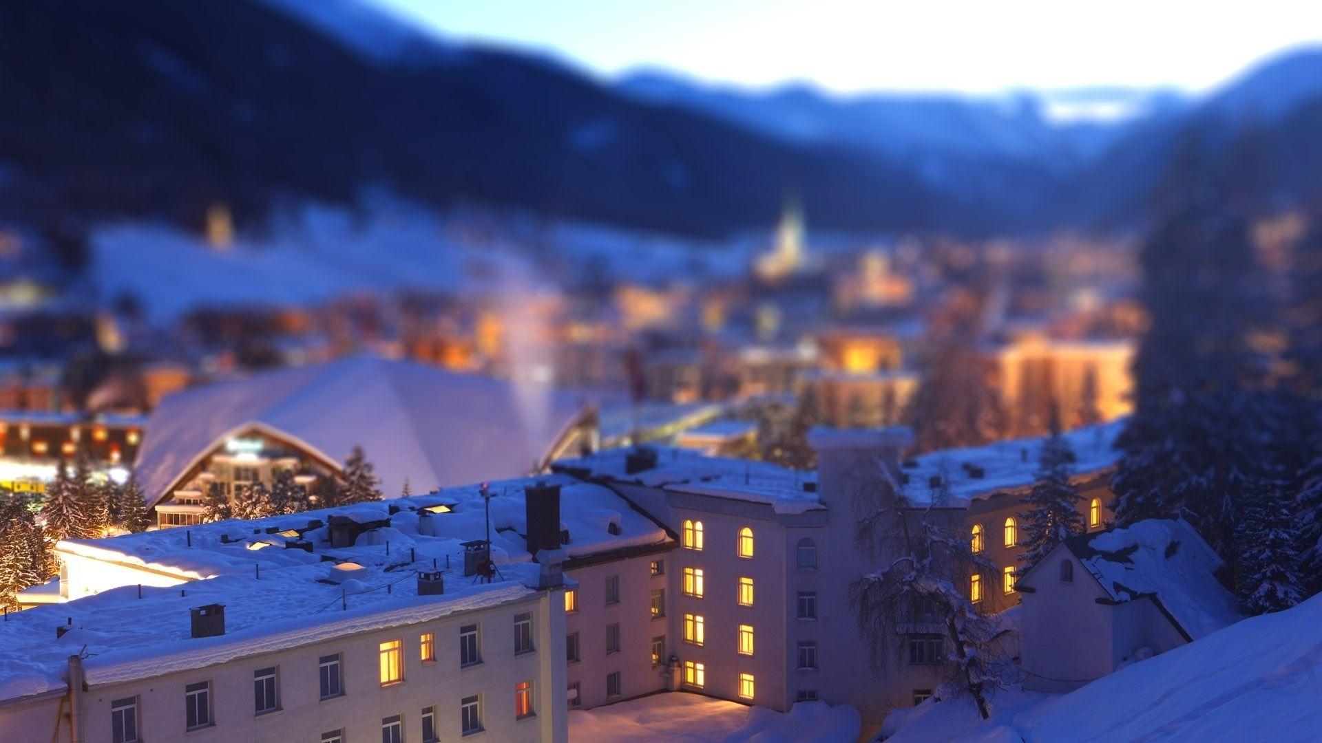 1920x1080 Snowy Buildings Tilt Shift Desktop Wallpaper