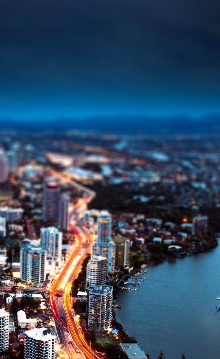 744x1216 iPhone 4S #Parallax wallpaper shift city night. Aerial photography drone, iPhone 5s wallpaper, Tilt shift