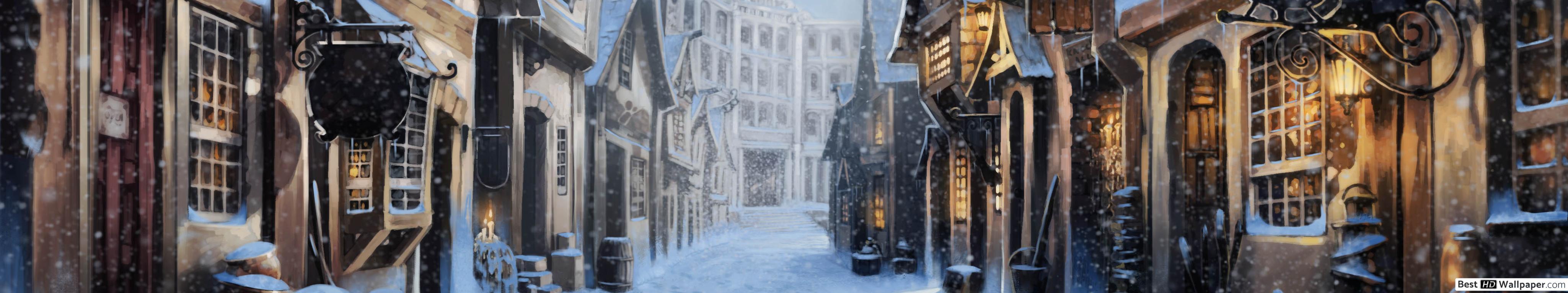 4098x768 Winter in Harry Potter's Diagon Alley HD wallpaper download