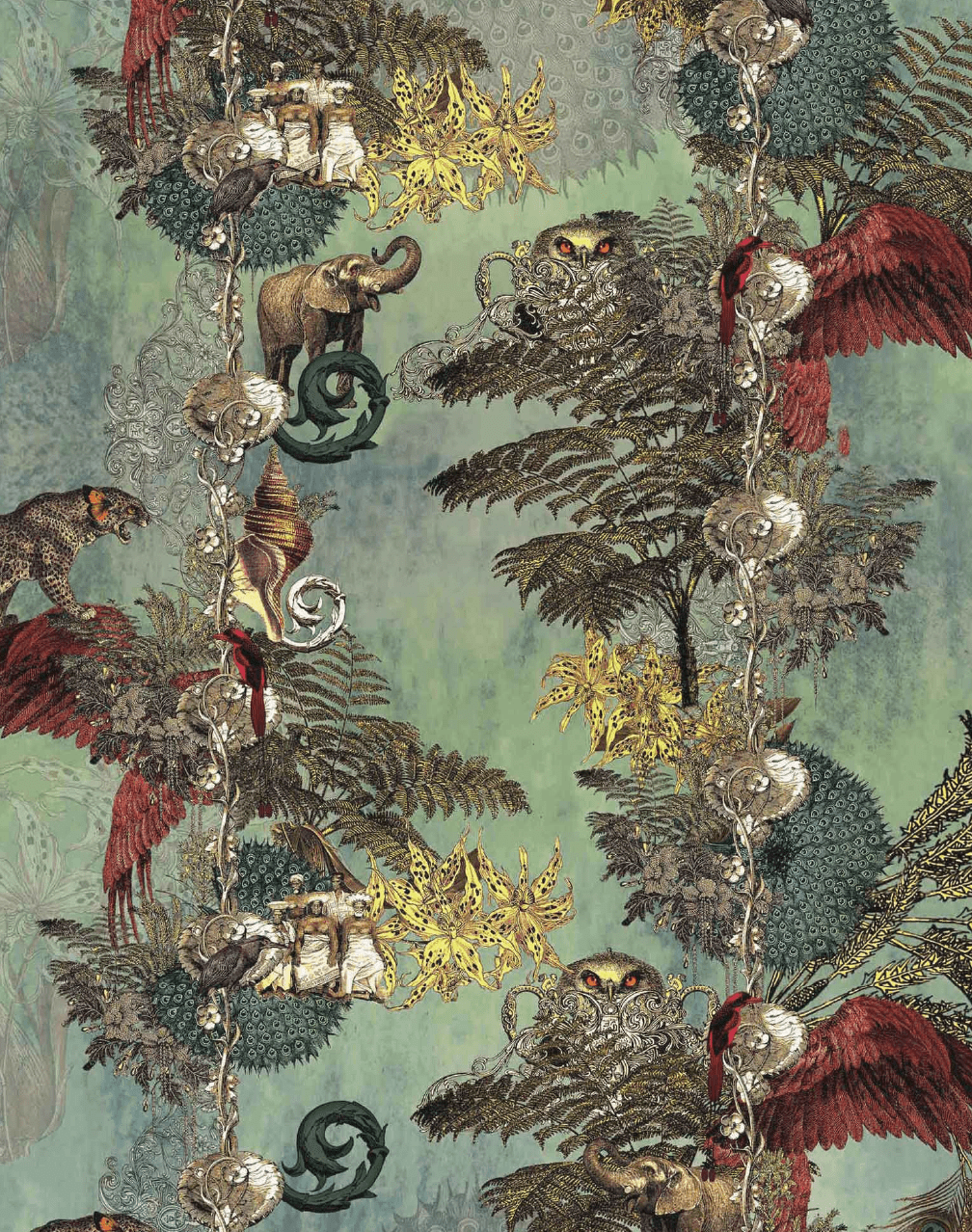 1008x1278 Jungle Paradise, Cardamon. Jungle wallpaper, Wallpaper, Traditional interior design