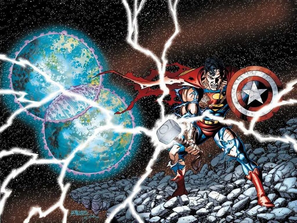 1024x768 Superman wielding Thor's Hammer and Captain America's shield