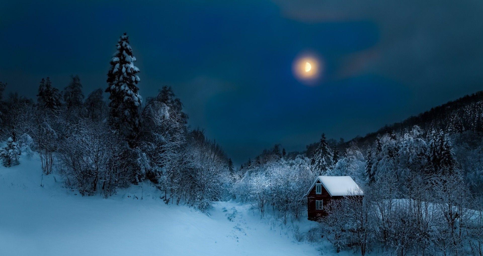 1920x1020 cottage, Forest, Hill, Mist, Nature, Moon, Winter, Landscape, Snow, Night Wallpaper HD / Desktop and Mobile Background