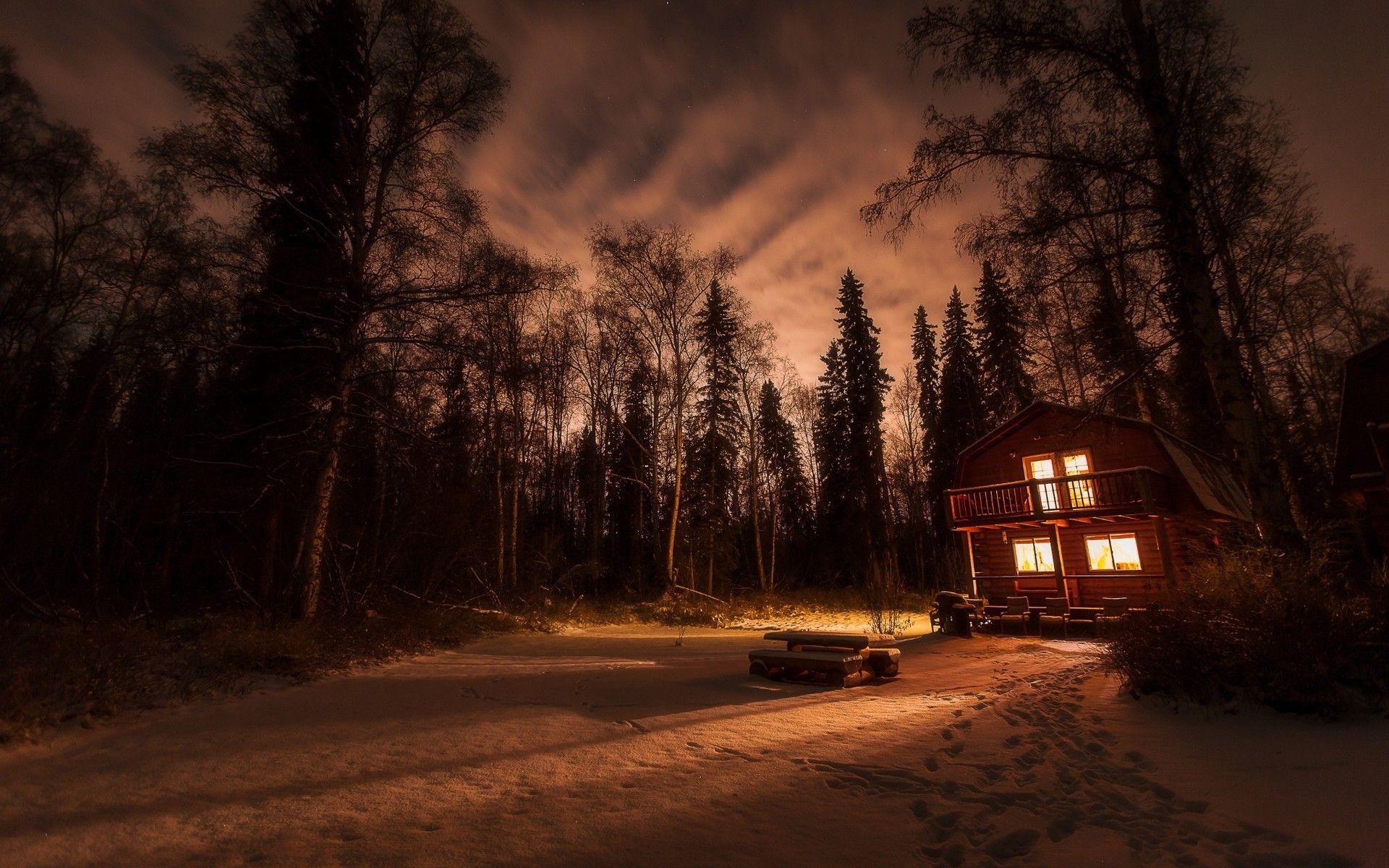 1920x1200 #landscape, #snow, #lights, #nature, #cottage, #night, #winter, # forest, wallpaper. Mocah.org HD Wallpaper