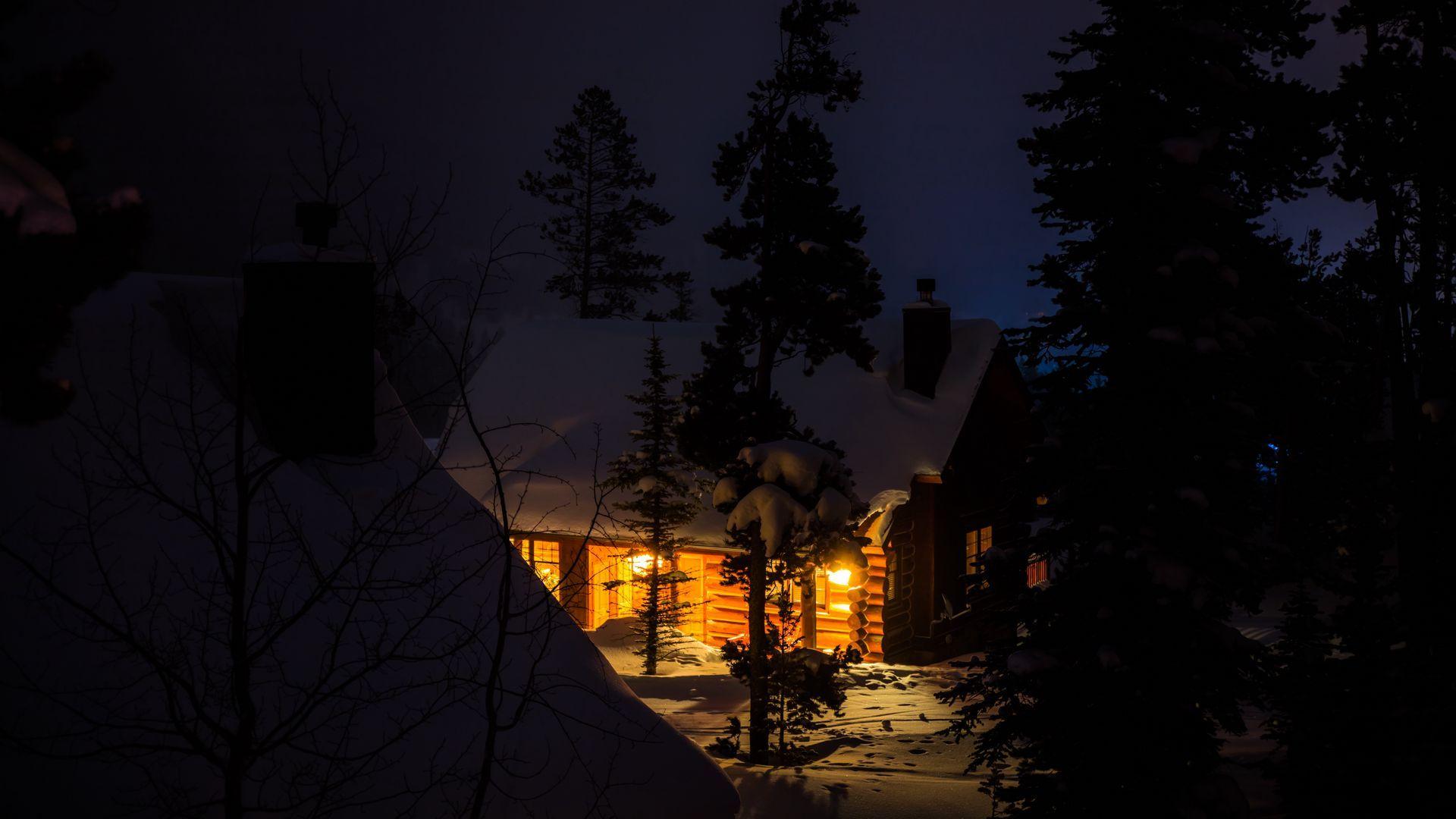 1920x1080 Download wallpaper 1920x1080 house, night, forest, winter, snow, trees full hd, hdtv, fhd, 1080p HD background