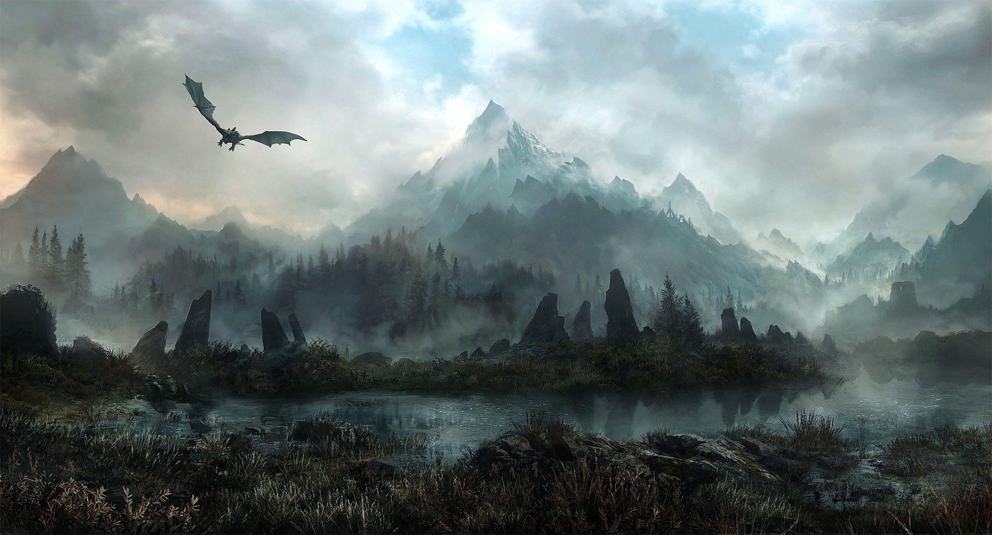 2000x1080 The Elder Scrolls V: Skyrim, Dragon, Mountain Wallpaper HD / Desktop and Mobile Background