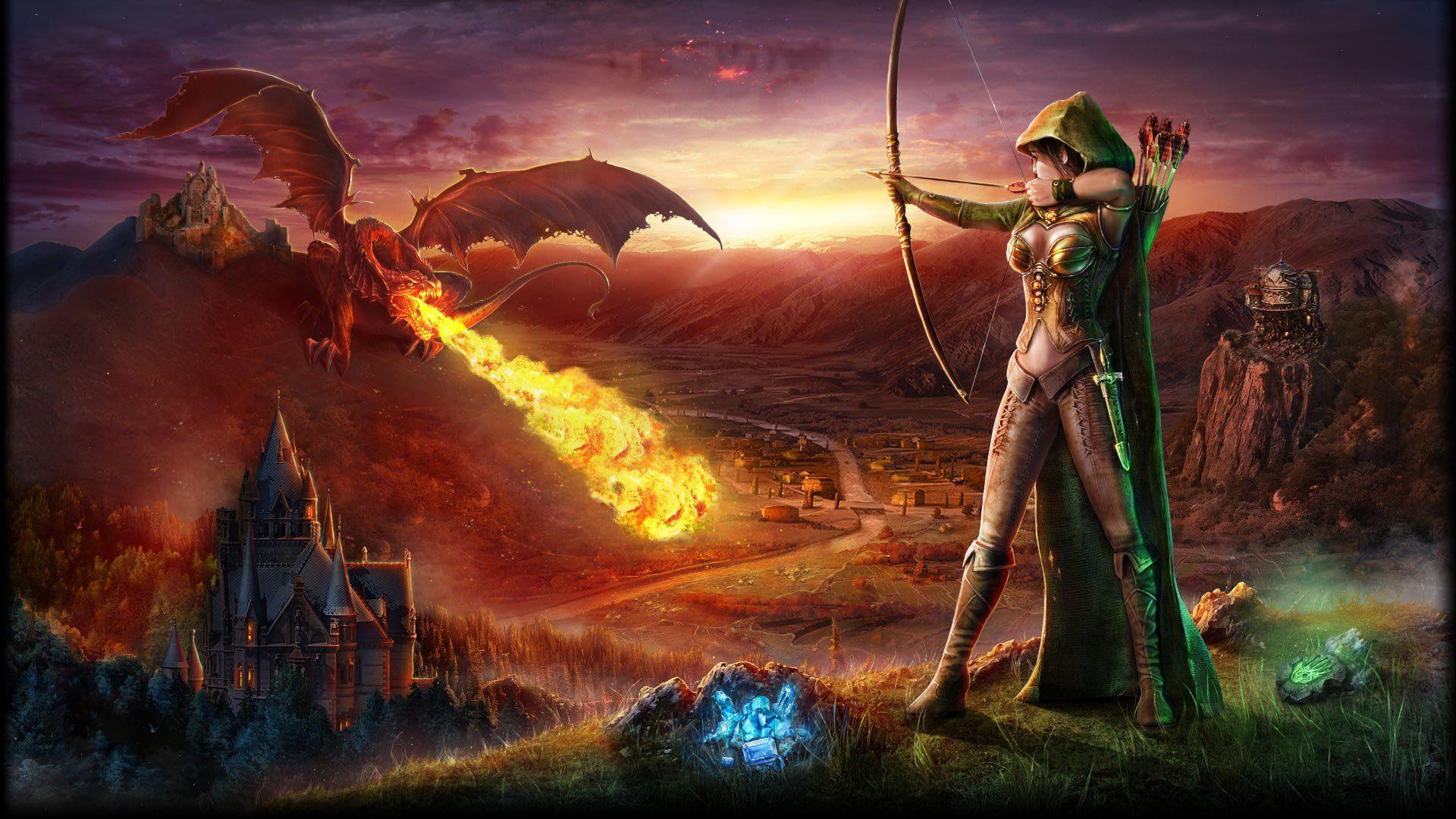 1920x1080 Bow archer Dragon Castle Mountain arrows fire wallpaperx1080