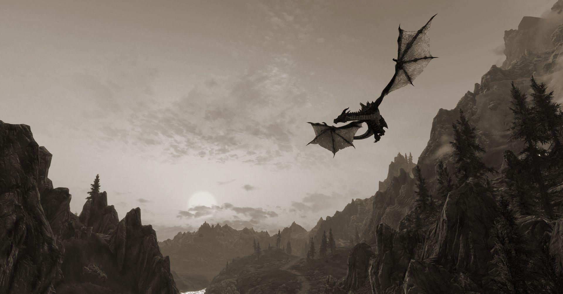 1920x1004 The Elder Scrolls V Skyrim Dragon Fly Over Mountains Wallpaper HD / Desktop and Mobile Background