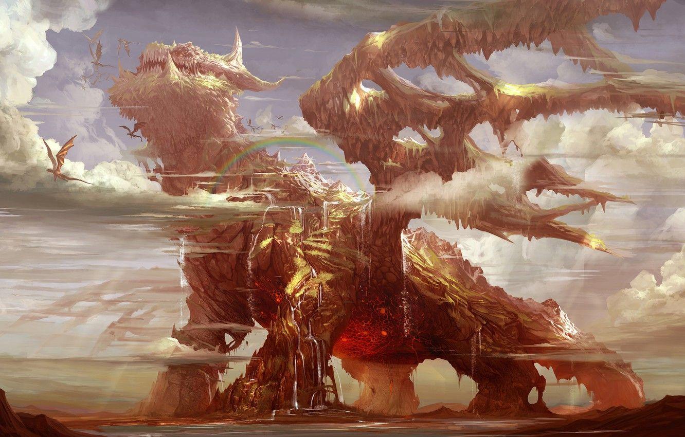 1332x850 Wallpaper Mountain, Fantasy, Dragon, Rock, Art, Dragons, Fiction, Illustration, Dragons, Creatures, Godfrey Escota, by Godfrey Escota, Rodinion the Lost Continent image for desktop, section фантастика