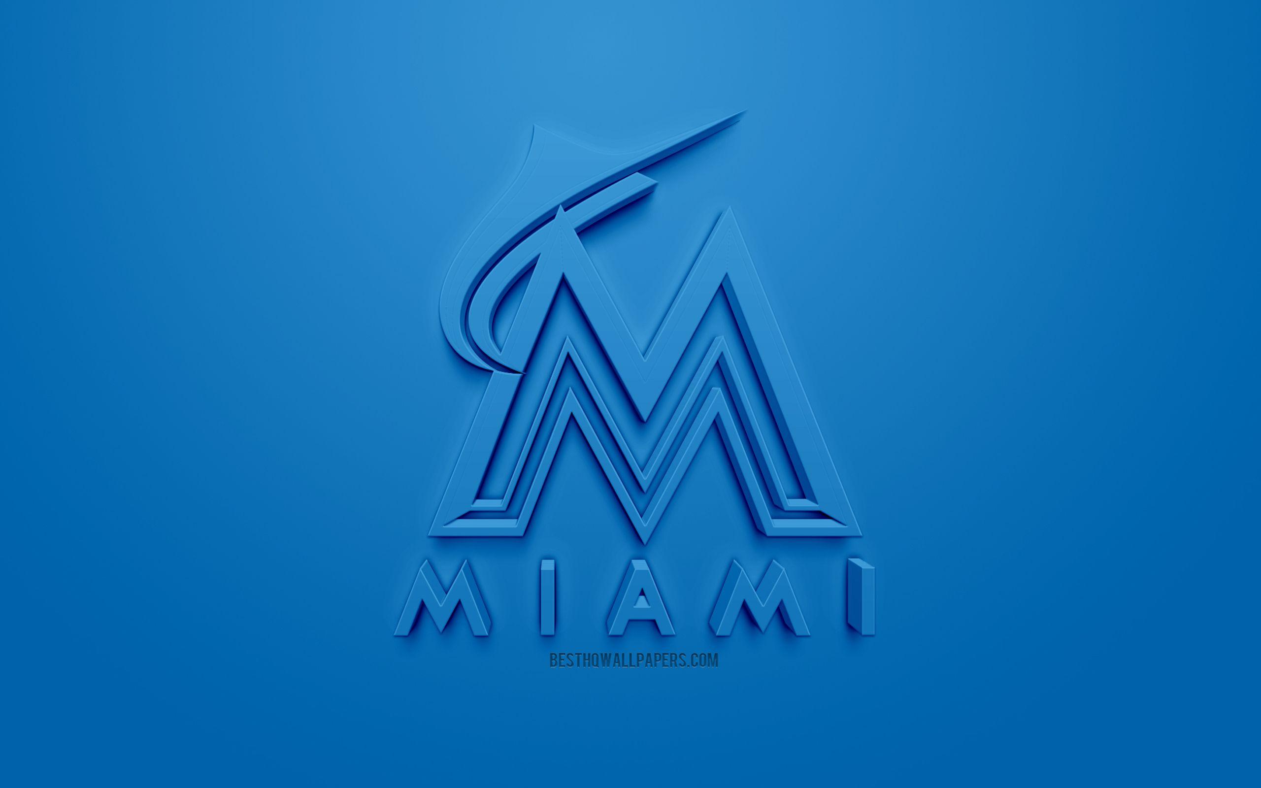 2560x1600 Download wallpaper Miami Marlins, American baseball club, creative 3D logo, blue background, 3D emblem, MLB, Miami, Florida, USA, Major League Baseball, 3D art, baseball, 3D logo for desktop with resolution 2560x1600. High