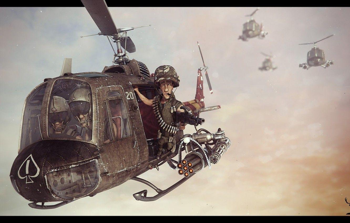 1332x850 Wallpaper Weapons, Flight, Helicopter, The Trick, American, Art, Bell, US Army, Vietnam War, UH 1 Huey, Gunner Image For Desktop, Section авиация