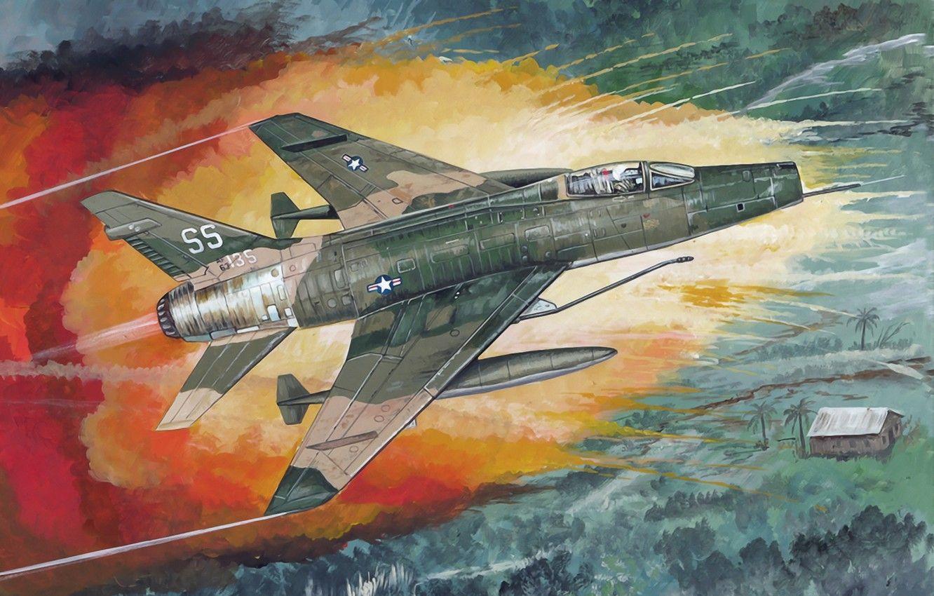 1332x850 Wallpaper War, Art, Painting, Aviation, Vietnam War, F 100 Super Sabre, American Jet Image For Desktop, Section авиация