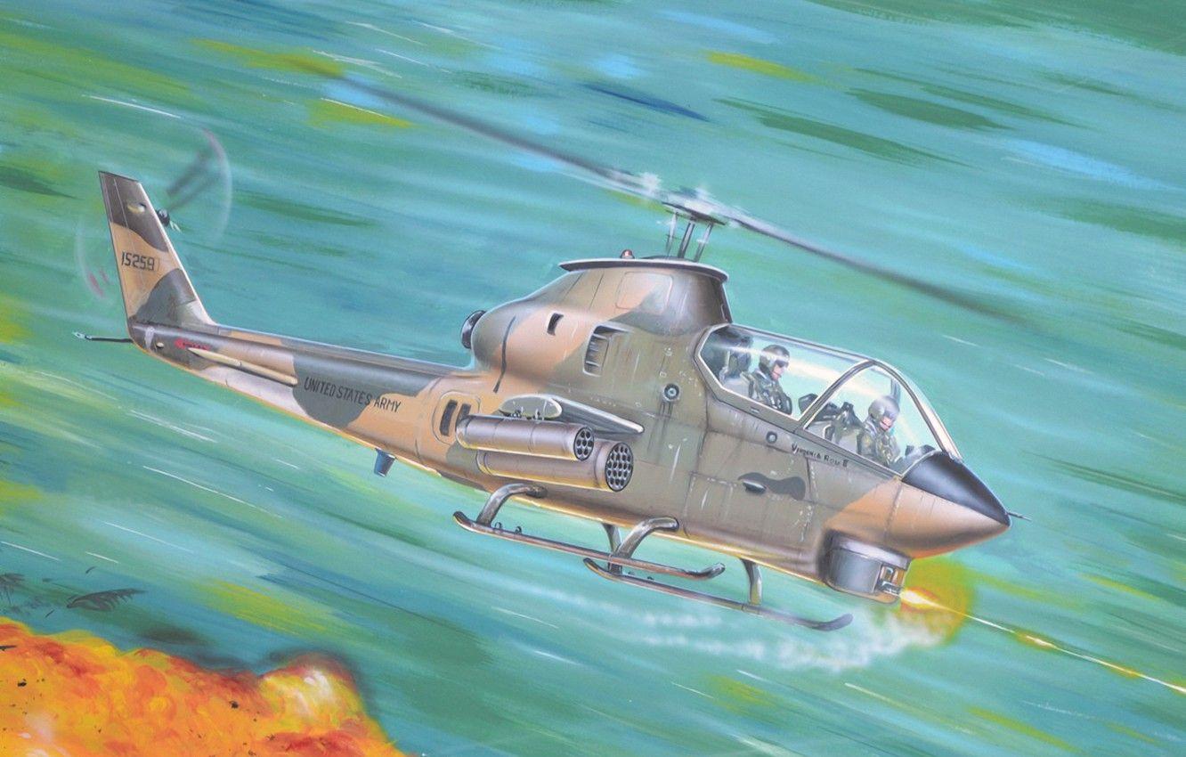 1332x850 Wallpaper War, Art, Helicopter, Painting, Vietnam War, Bell AH 1G Huey Cobra Image For Desktop, Section авиация