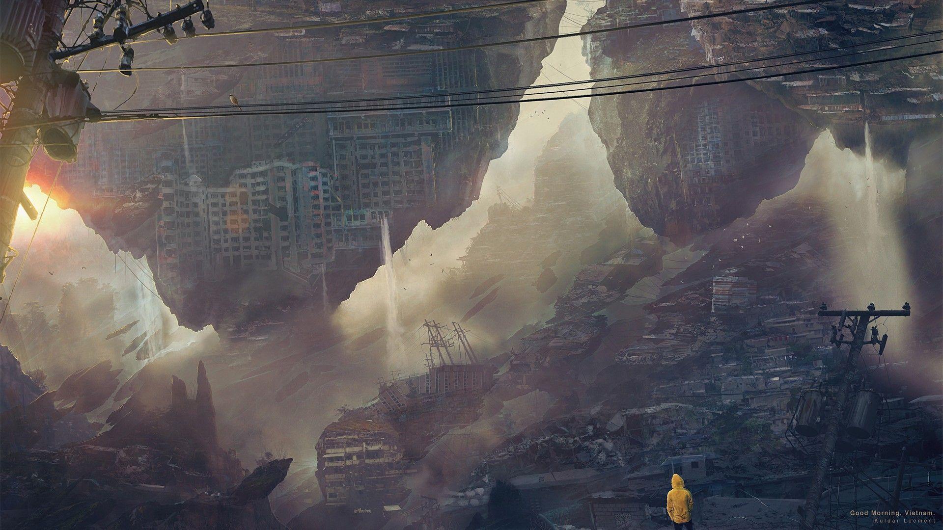 1920x1080 Post Apocalyptic, Buildings, Viet Nam, Fantasy Art, Sunlight, Power Lines, Artwork, Hoodies, Morning, Waterfalls, Electricity Pole, Kuldar Leement Wallpaper