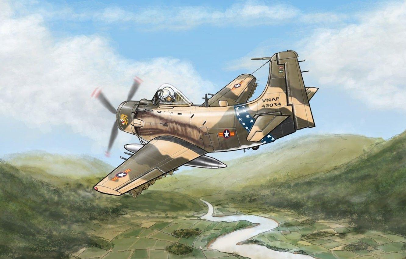 1332x850 Wallpaper War, Art, Attack, Vietnam, Douglas, A 1 Skyraider Image For Desktop, Section авиация