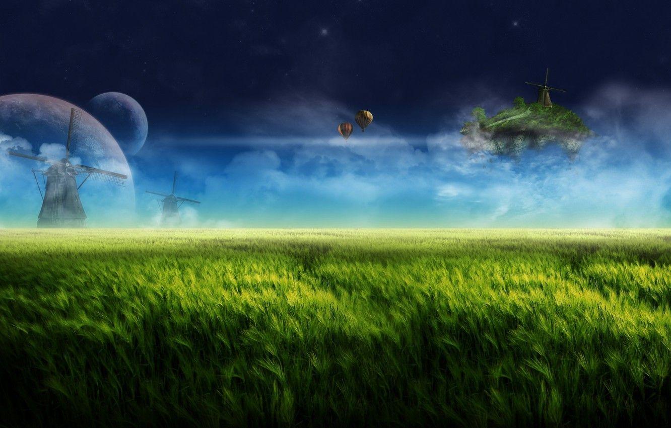 1332x850 Wallpaper the sky, clouds, night, balloons, fantasy, dream, planet, mill, fantasy, grass, sky, landscape, night, meadows, clouds, planets image for desktop, section рендеринг