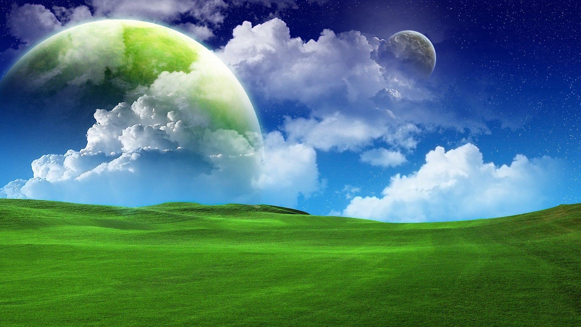 1920x1080 Download wallpaper 1920x1080 grass, green, sky blue, clouds, summer full hd, hdtv, fhd, 1080p HD background