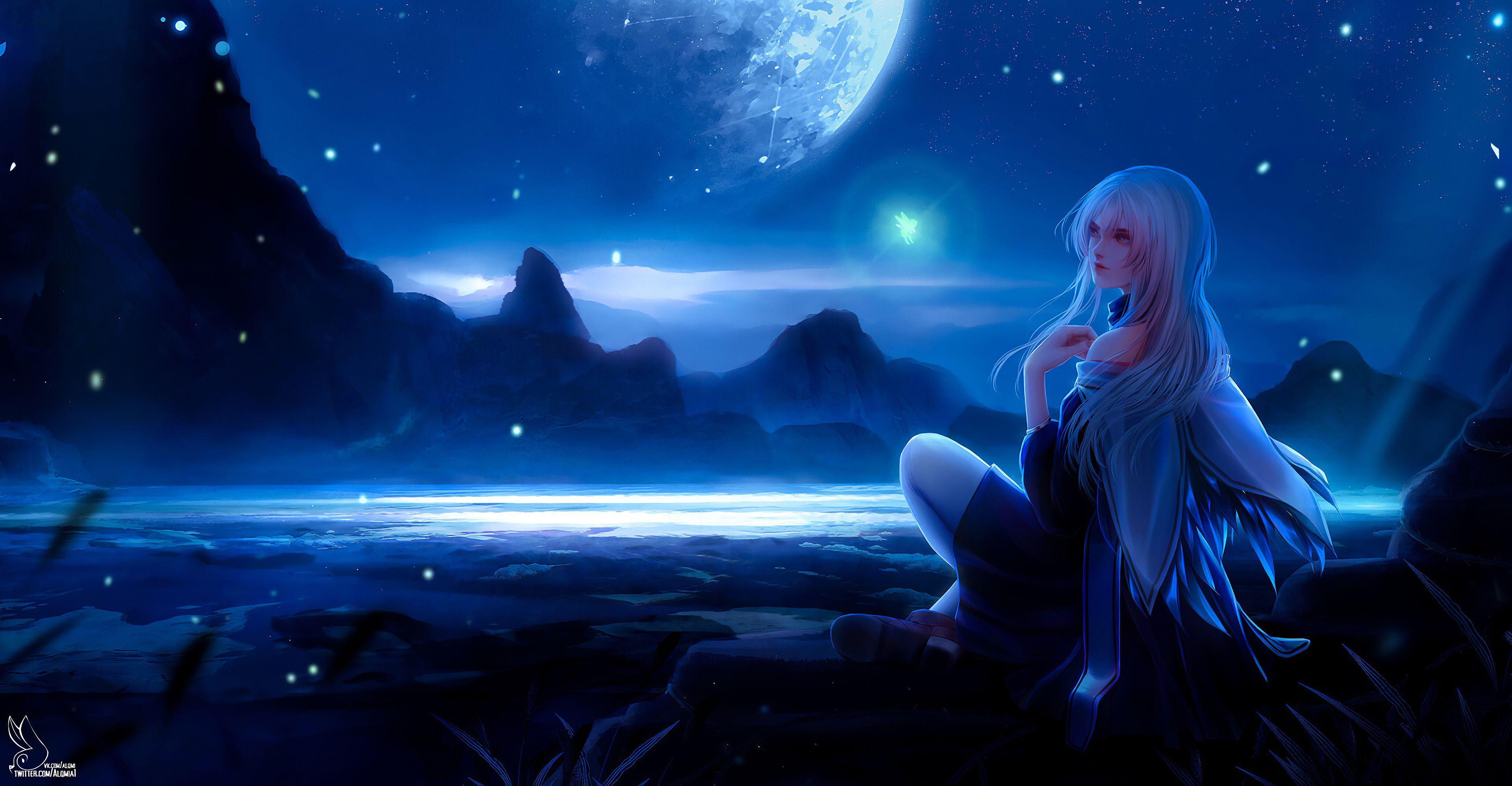 3840x1996 Fantasy Girl on Full Moon Night HD Wallpaper