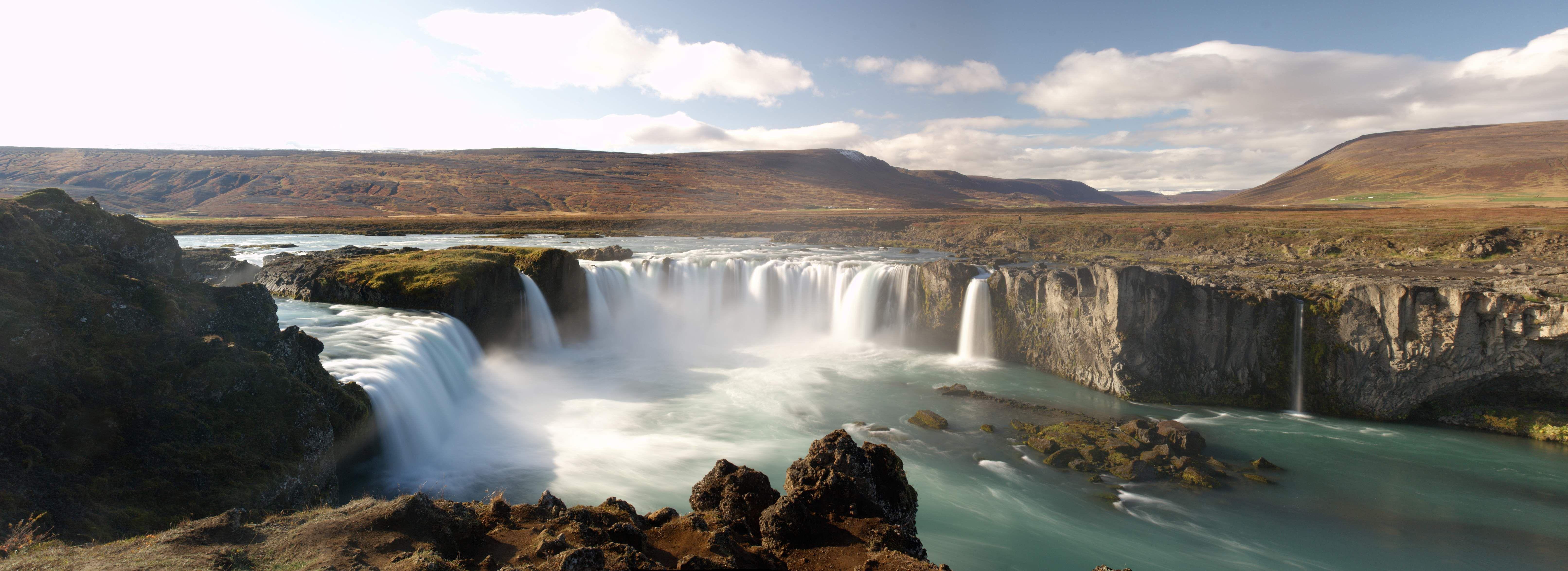 6448x2350 Iceland Waterfall Godafoss, Panorama 4k Ultra HD Wallpaper