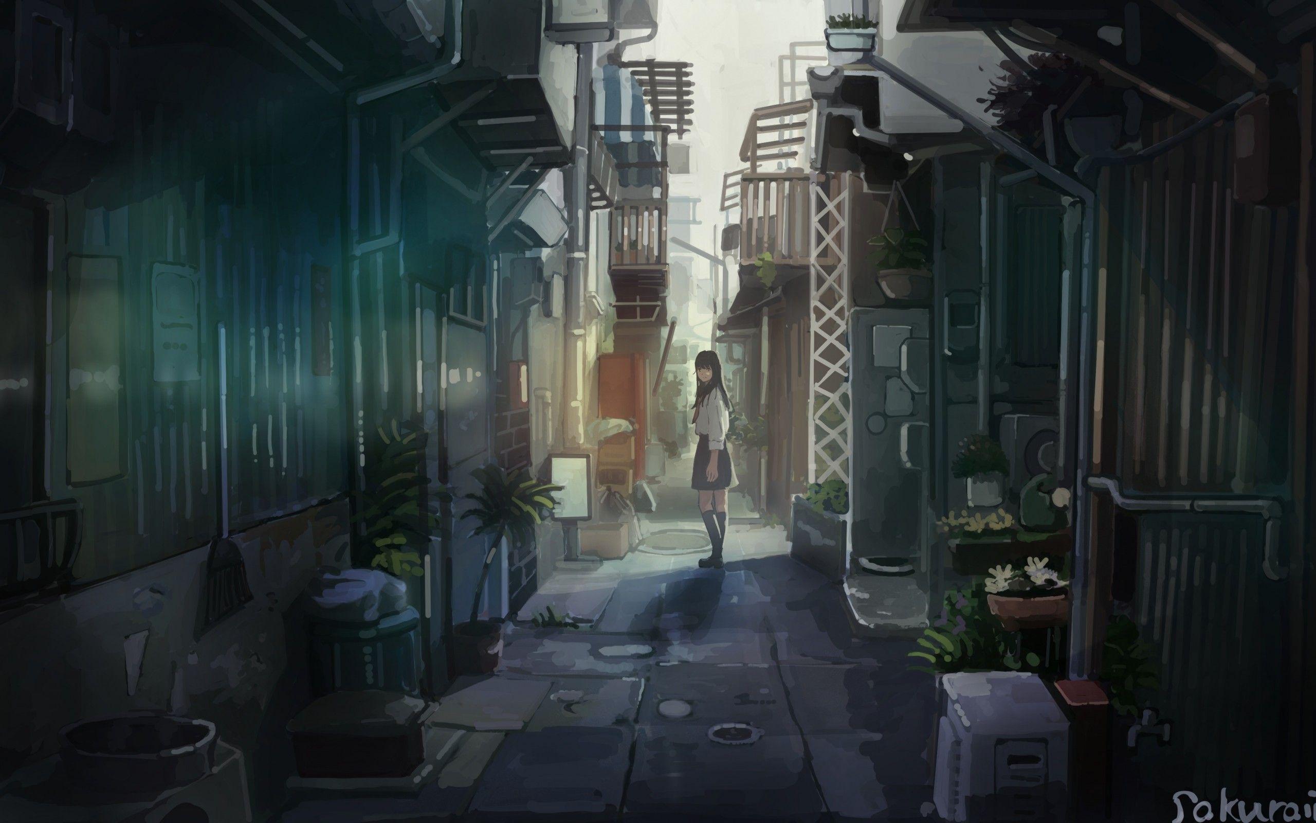 beautiful anime city back ally