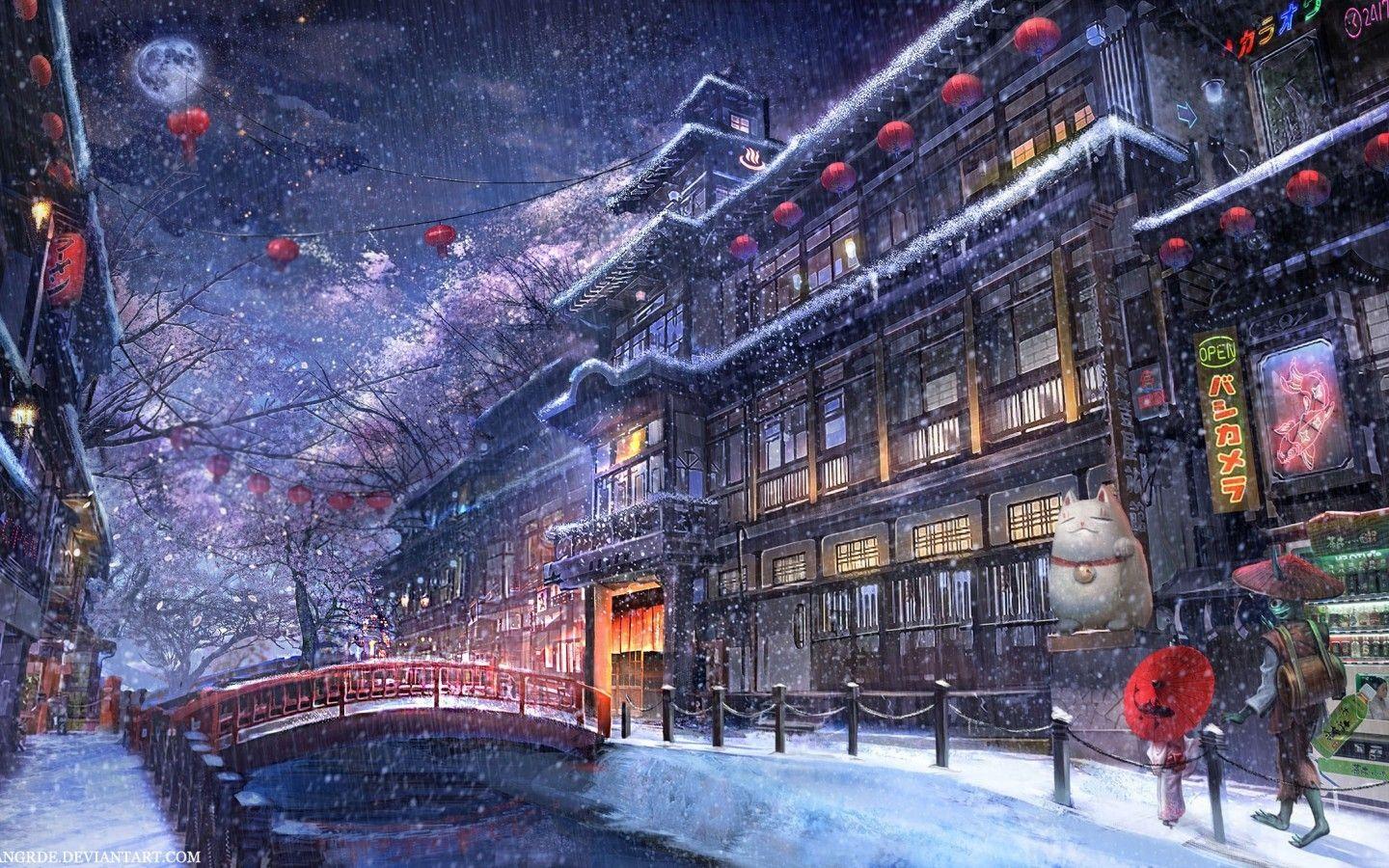 1440x900 Download 1440x900 Anime Traditional City, Raining, Snow, Moon, People, River Wallpaper for MacBook Pro 15 inch, MacBook Air 13 inch