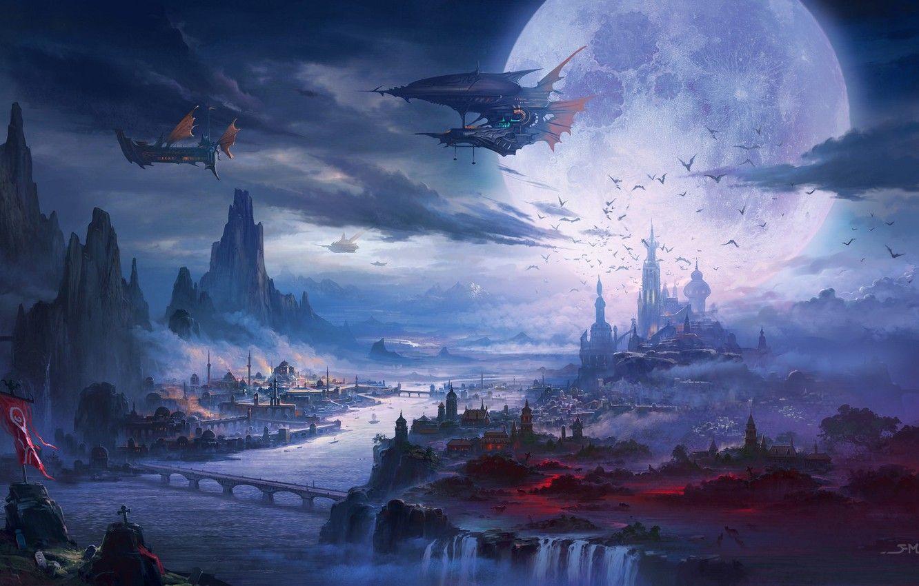 1332x850 Wallpaper Night, The city, River, The moon, Palace, Castle, The airship, Ships, Landscape, Art, Fiction, Illustration, Ming Fan, Airships, by Ming Fan, Flying Ship image for desktop, section фантастика