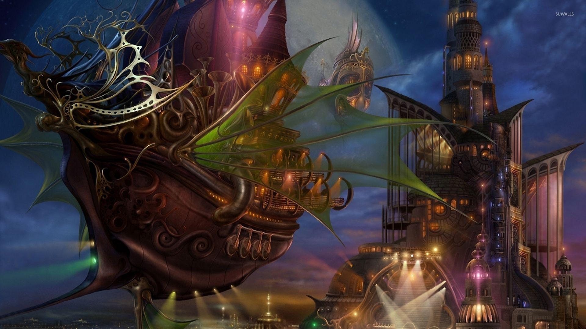 1920x1080 Flying ship near the castle wallpaper wallpaper