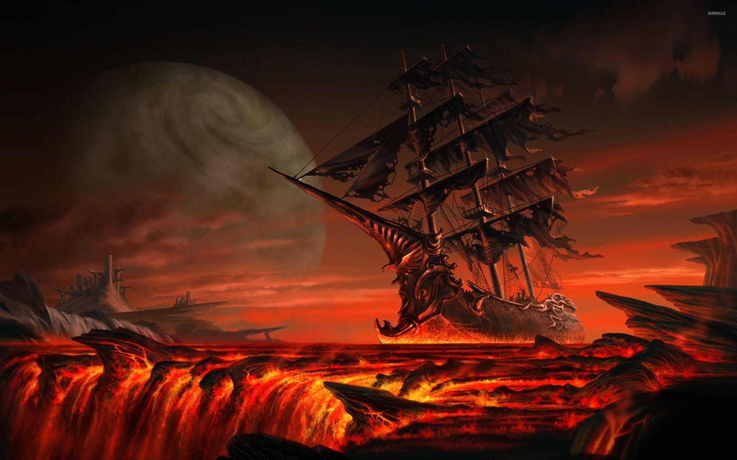 2560x1600 Ghost ship floating on lava wallpaper wallpaper