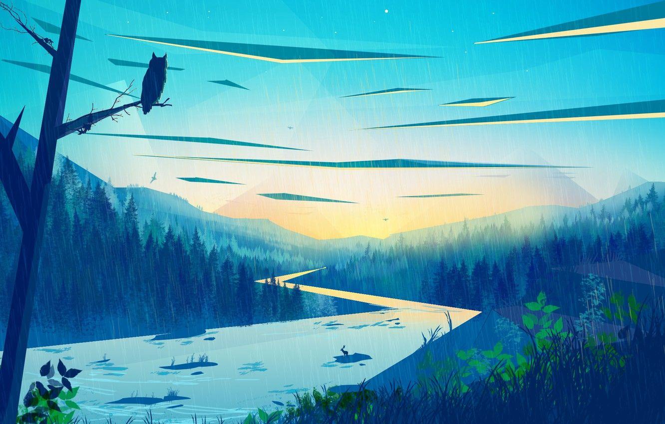 1332x850 Wallpaper Nature, Owl, River, Forest, Post, Style, Landscape, River, Illustration, Painting, Environments, Storytelling, by Muhammad Nafay, Muhammad Nafay, Blue Forest, Firewatch stylization image for desktop, section арт
