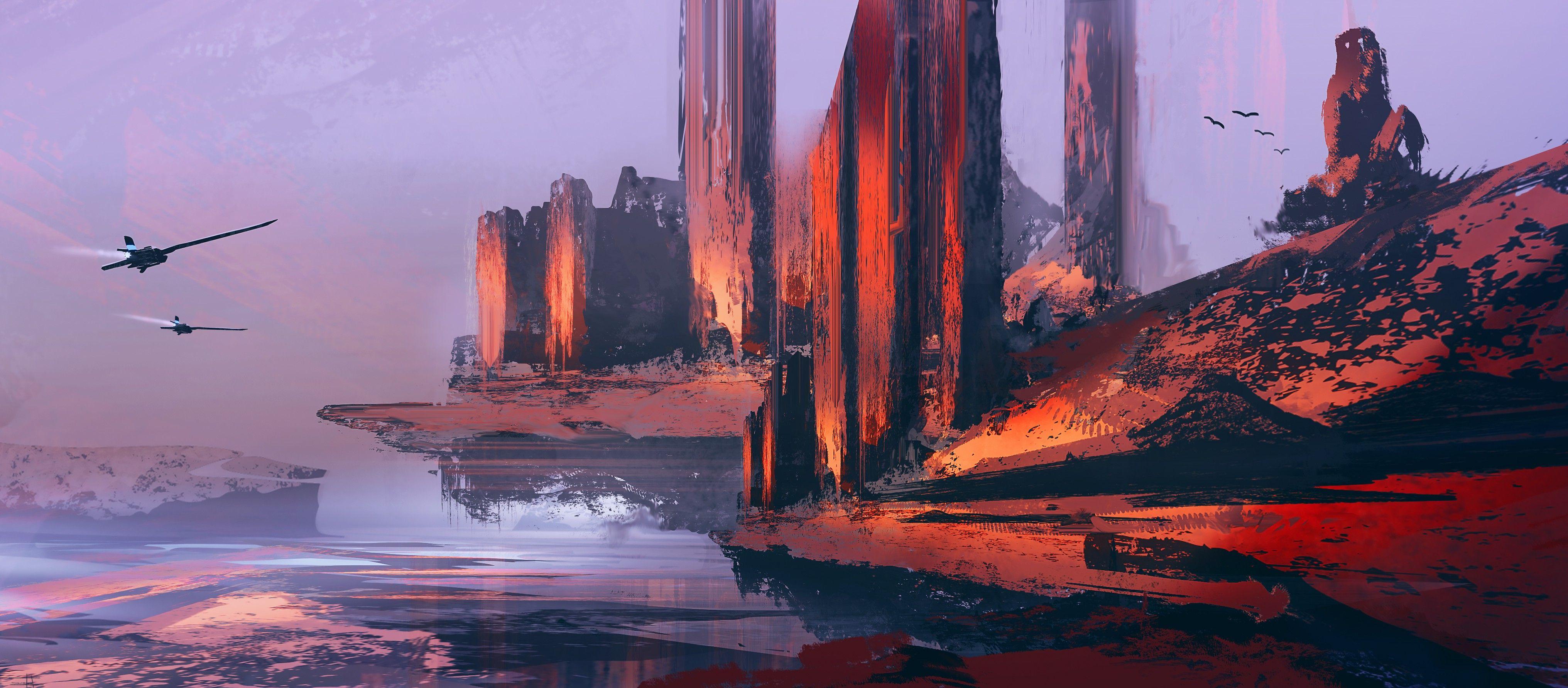 4064x1783 futuristic, Digital Art, Artwork, Abstract, Landscape Wallpaper HD / Desktop and Mobile Background