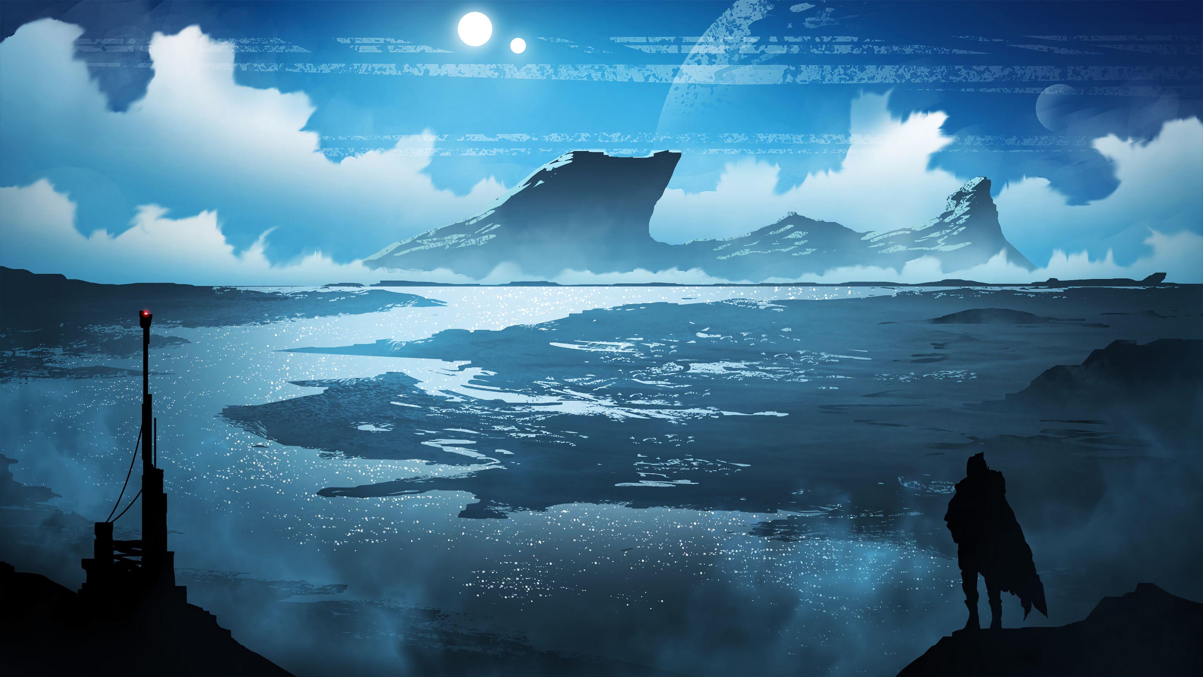 3840x2160 Download 3840x2160 Flat Landscape, Mountain, Moon, Superhero, Clouds, Illustration Wallpaper for UHD TV