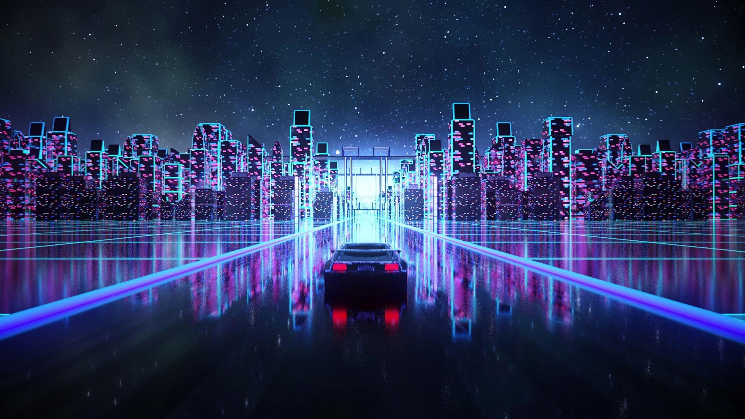 2560x1440 Download 2560x1440 wallpaper cyberpunk, outrun, vaporwave, car on road, art, dual wide, widescreen 16: widescreen, 2560x1440 HD image, background, 24495