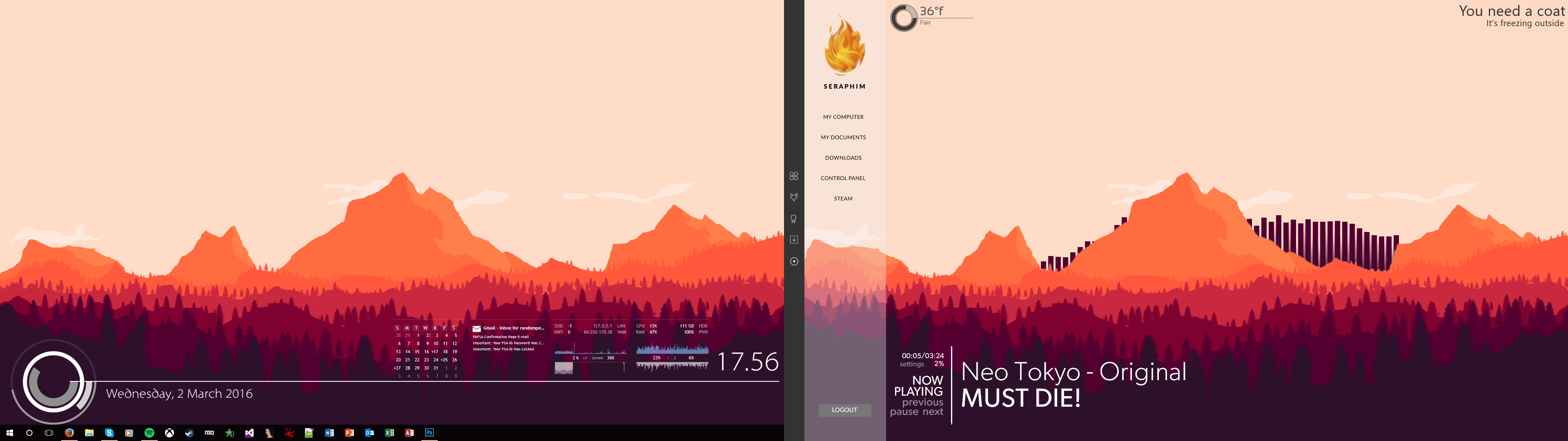 3840x1080 First Post Here Not So Minimalistic Red Mountain Dual Monitor Setup