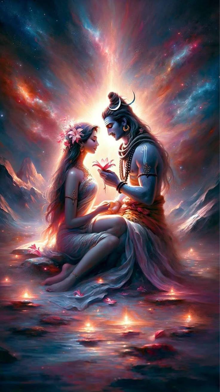 736x1308 Divine romance depicted in lovers painting of Shiva & Shakti, a tale of twin flames and blessings