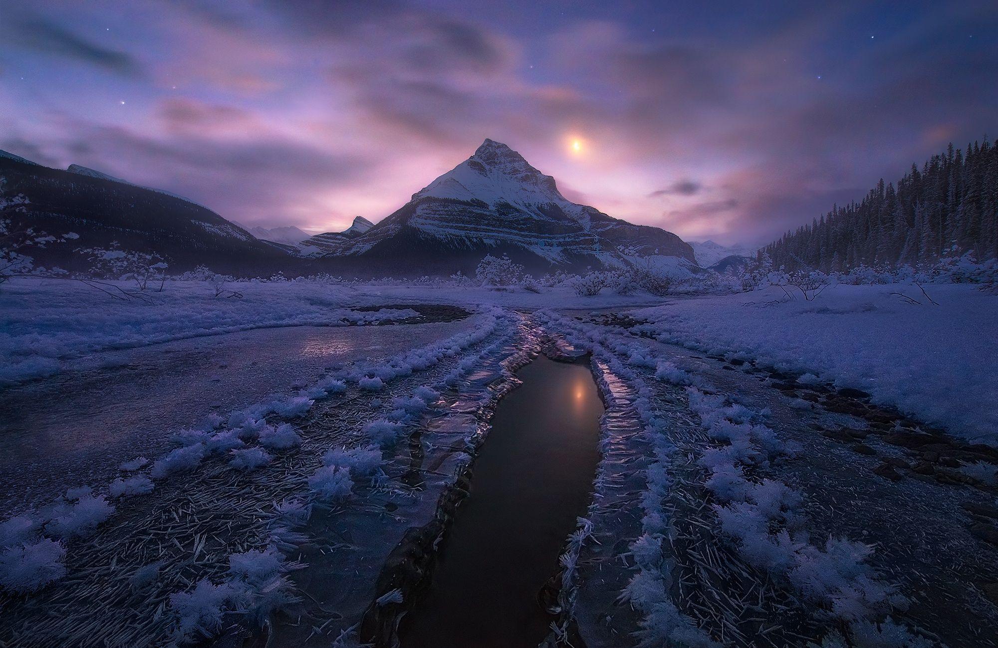 2000x1299 Moonlit Winter Landscape: HD Wallpaper