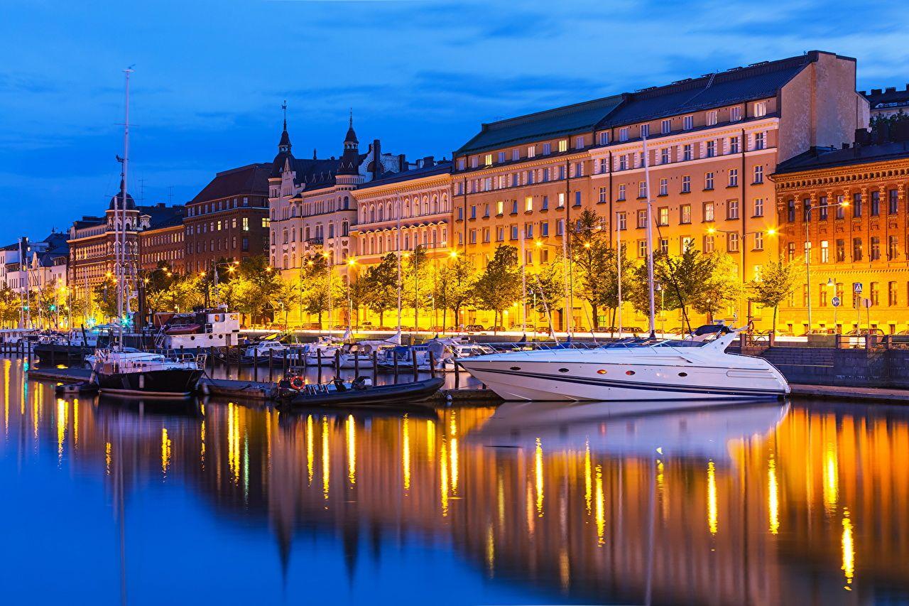 1280x853 Wallpaper Helsinki Finland river Yacht night time Cities Houses