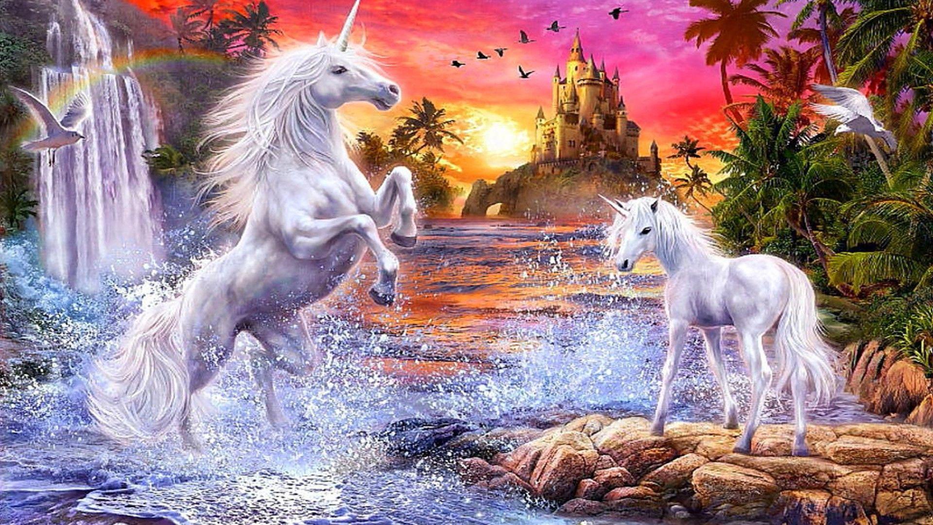 1920x1080 Fantasy Unicorns Castle Sunset River Falls Palm Flowers Birds Wallpaper HD :