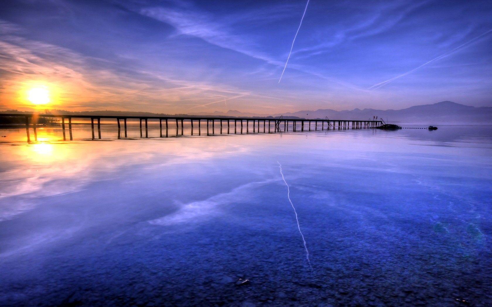 1680x1050 Sunset: Sunrise Bridge Colorful Pier White Afternoon Rivers Amazing