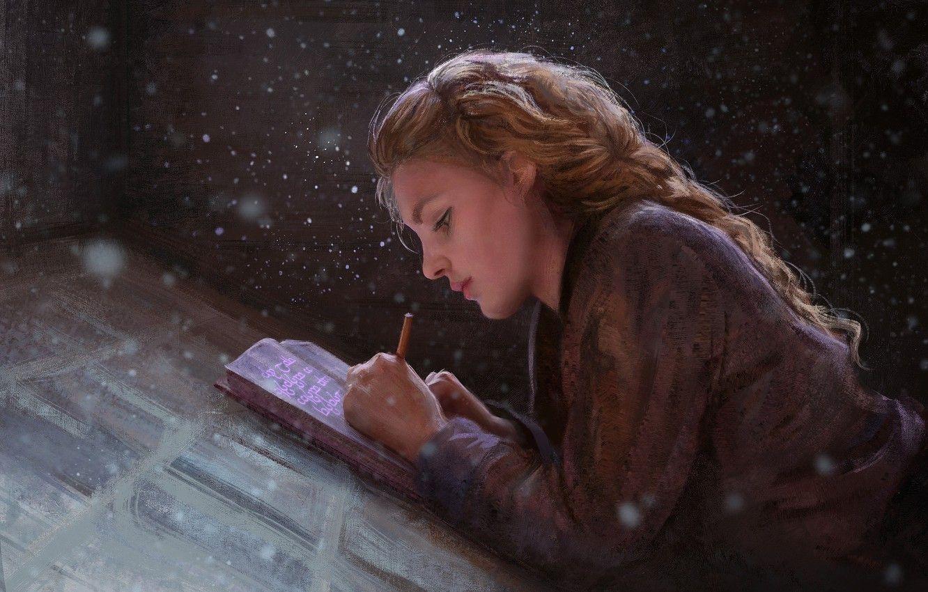 1332x850 Wallpaper girl, fantasy, magic, snow, braid, painting, artist, blonde, artwork, fantasy art, books, writing, painting art, symbols, Mandy Jurgens image for desktop, section живопись