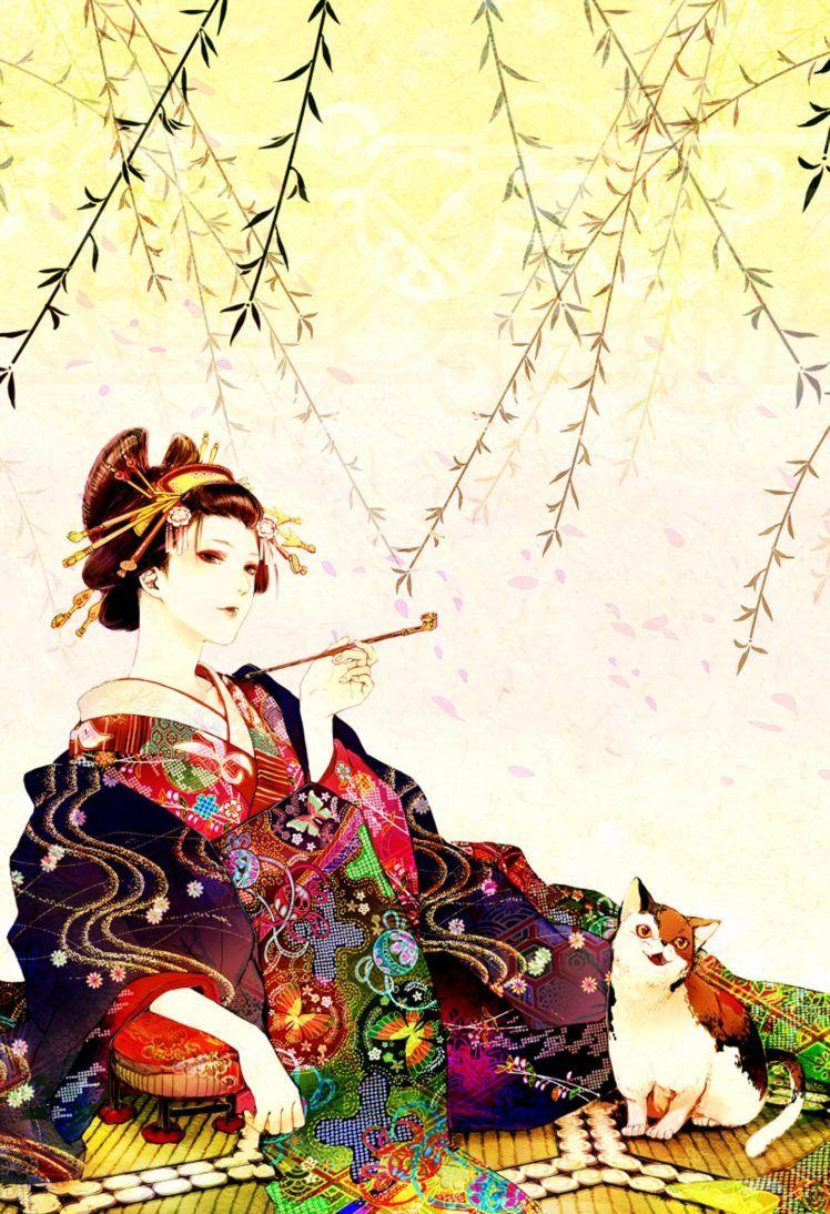 748x1094 anime, Girl, Cat, Animal, Kimono, Smoking, Design Wallpaper HD / Desktop and Mobile Background