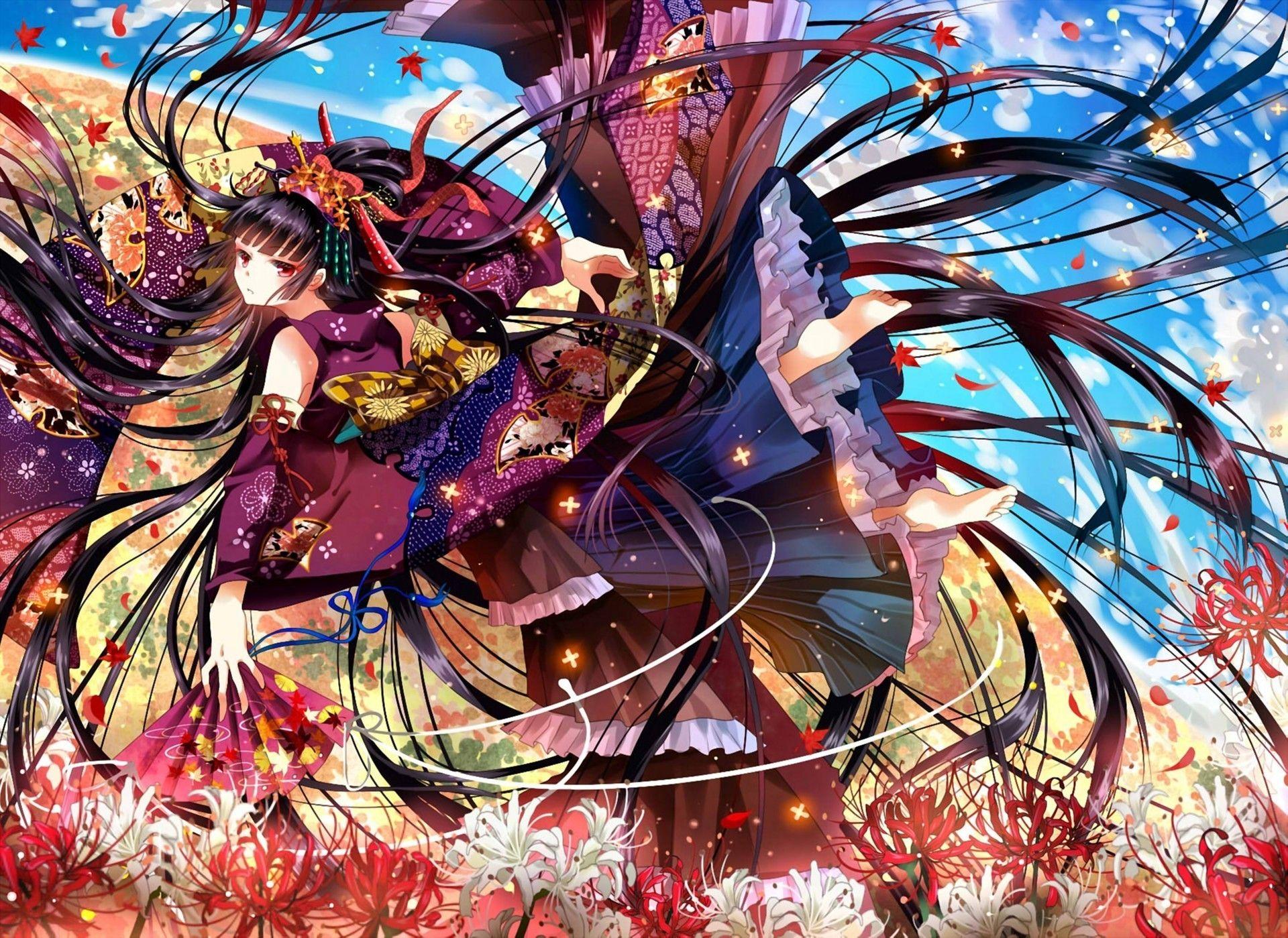 1920x1399 Origal anime Art nekozuki Yuki girl flowers fan kimono vector