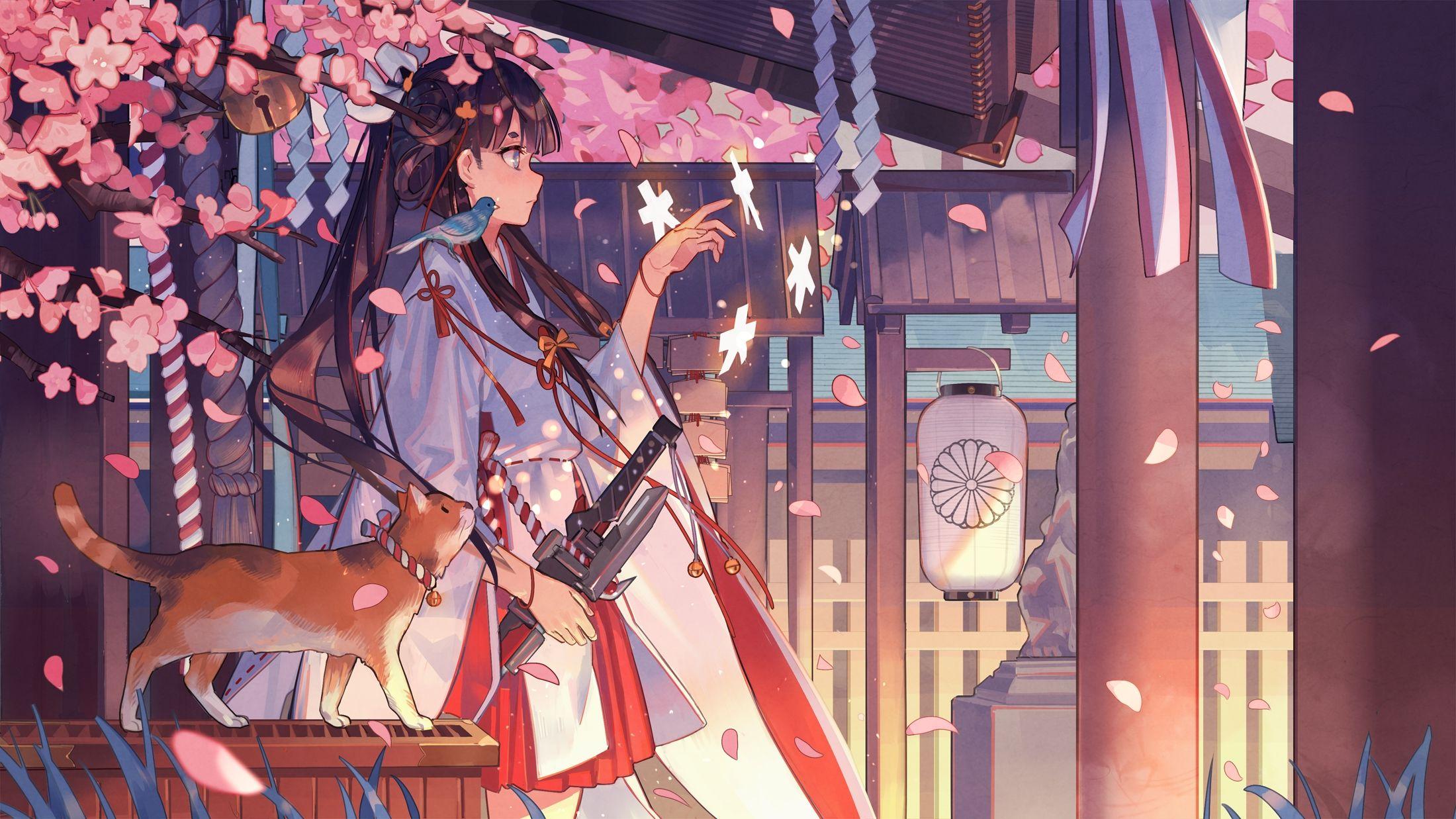 2200x1237 Wallpaper Anime Girl, Kimono, Katana, Sakura Blossom, Profile View