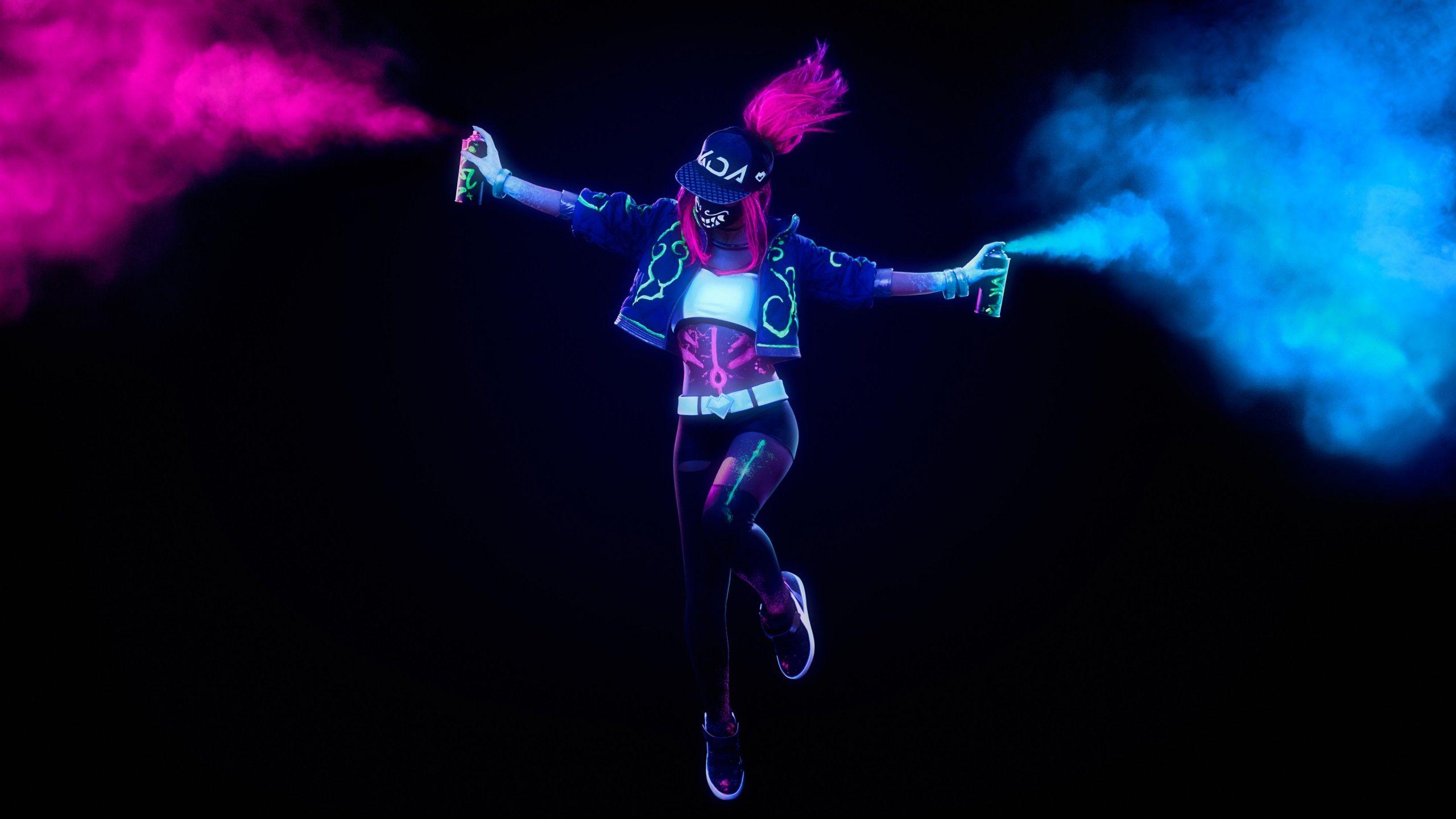 2560x1440 KDA 4K Wallpaper, League of Legends, Neon, Smoke, Black background, Cosplay, Graphics CGI